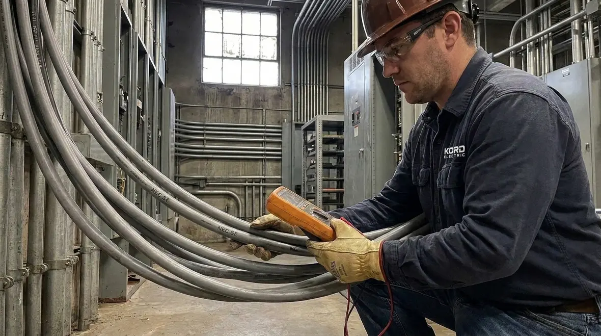 Service entrance conductors with NEC-compliant SE conductor sheath installed in a commercial electrical room