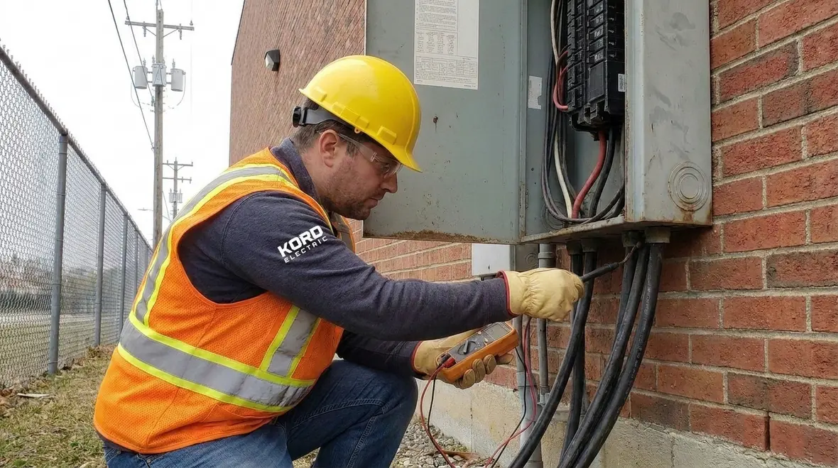 Service entrance cables inspected in a commercial electrical room