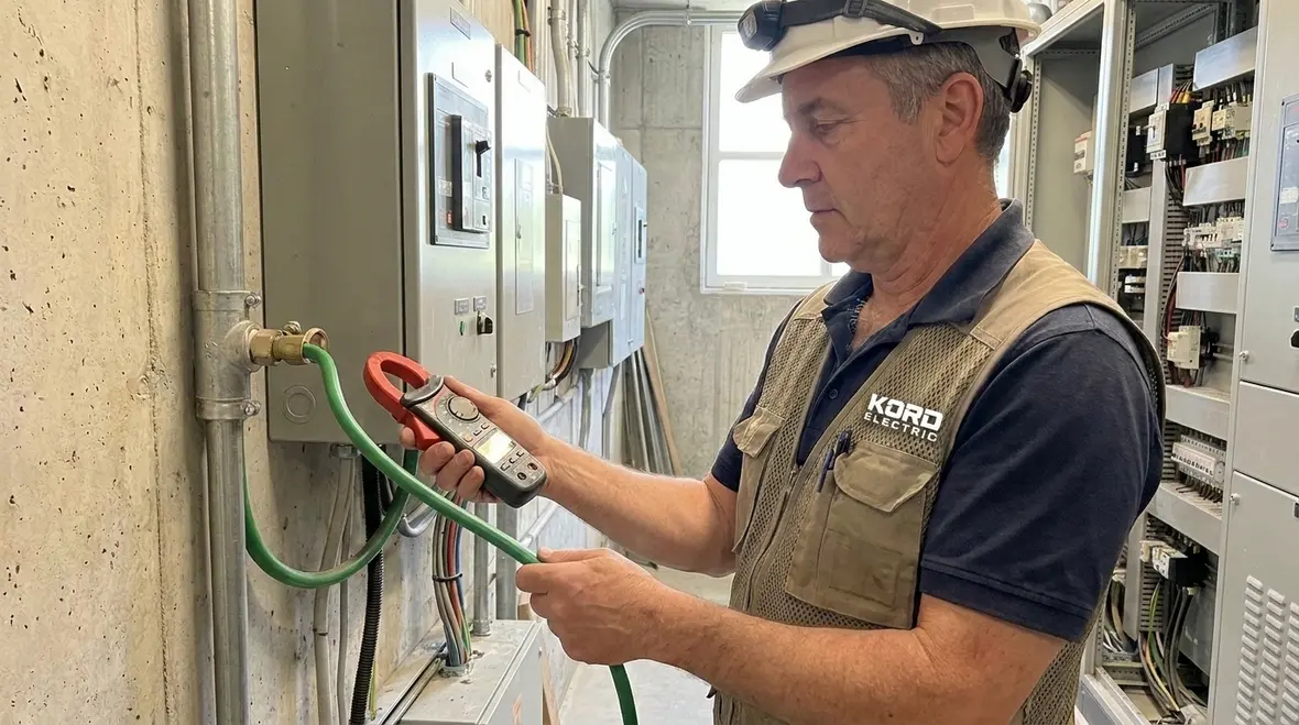 Technician inspecting NEC SEC grounding conductor terminations