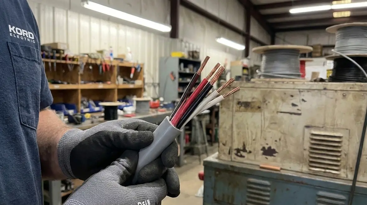 Technician inspecting NEC SEC single conductors in a cable assembly