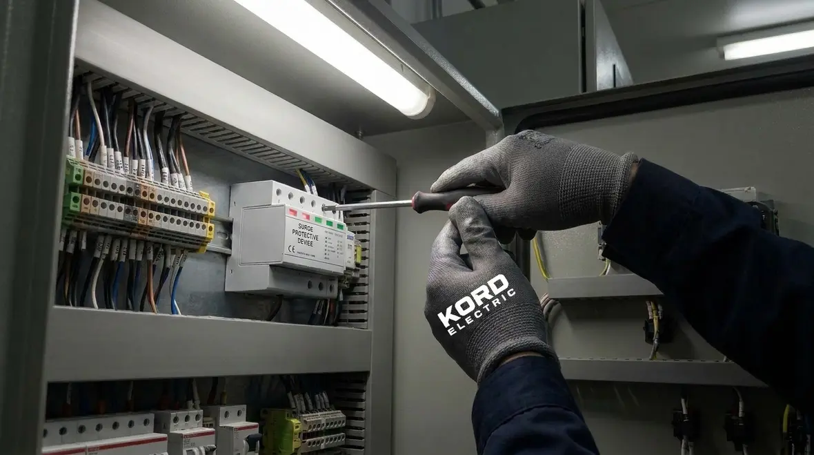 Technician reviewing NEC SPD Article 242 surge protection layout