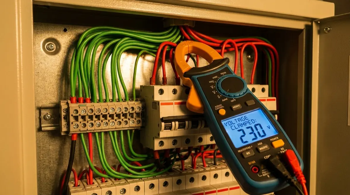 Close up of SPD conductor routing and terminations for NEC 242.30 compliance