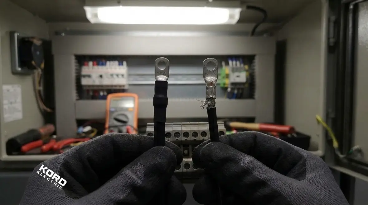 Kord Electric technician tightening and verifying SPD terminations in an industrial facility