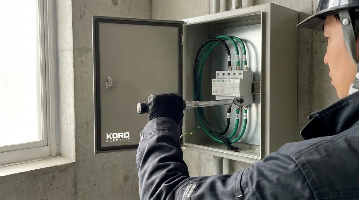 Technician inspecting NEC SPD conductor connections in a commercial electrical panel