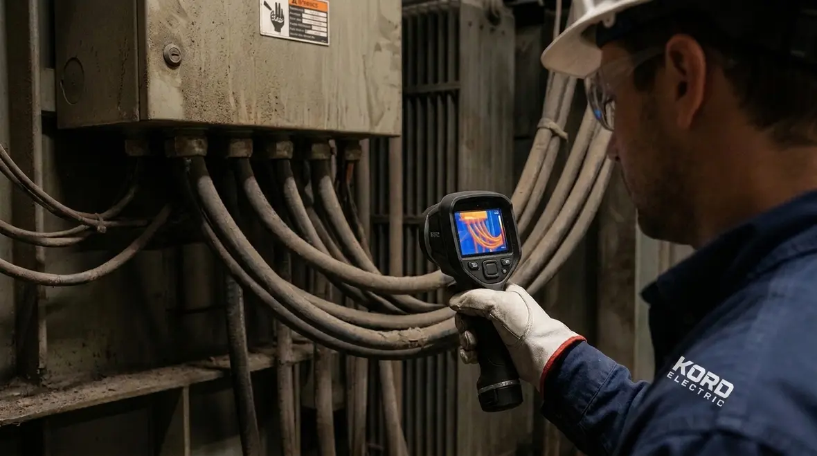 Technician reviewing NEC Section 630.31 welding transformer conductor sizing plans
