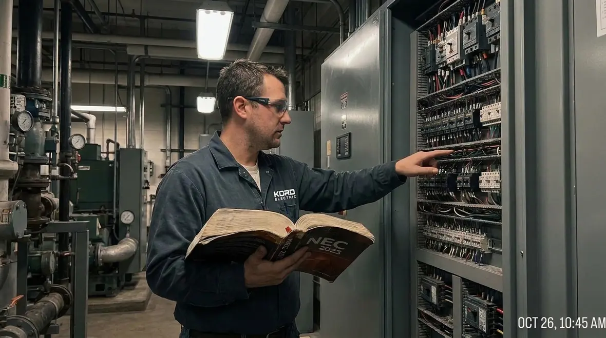 Commercial electrical team planning NEC-compliant welding transformer disconnect layout