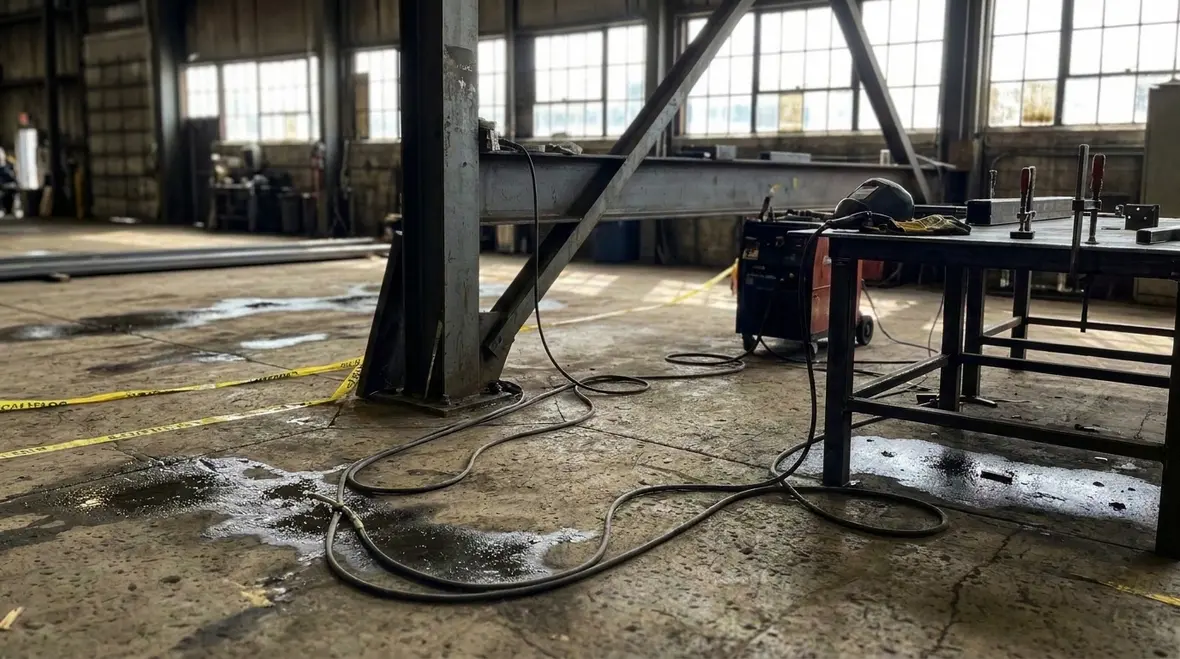 Technician testing GFCI protection at a welding station under NEC Section 630.8
