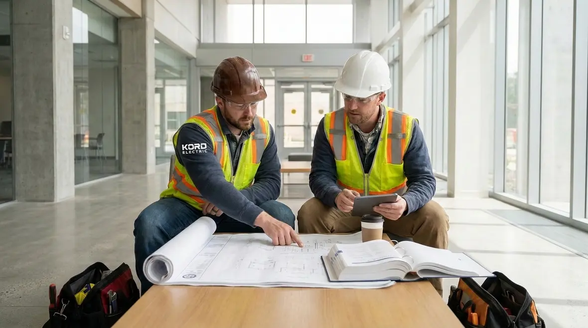 Technician reviewing NEC Section 640.1 audio equipment scope in a commercial building