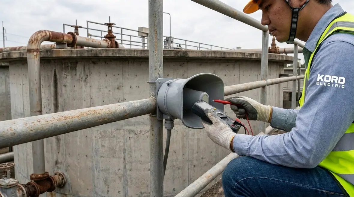 Technician reviewing NEC Section 640.10 audio near bodies of water installation near a commercial water feature