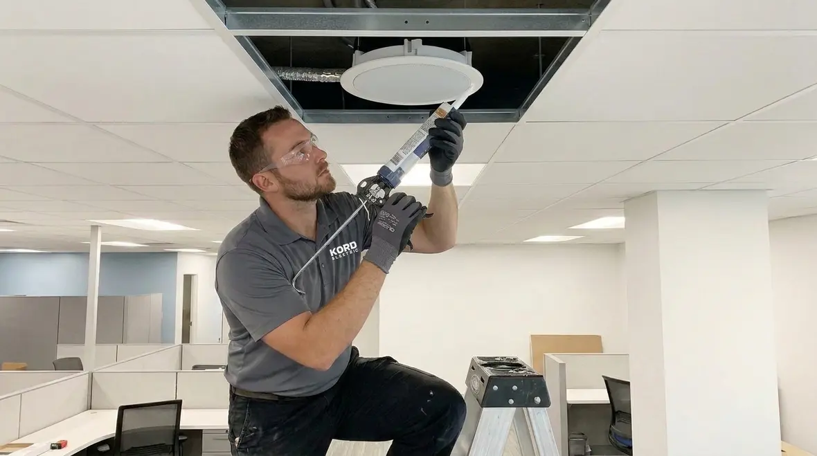Close-up of a loudspeaker mounted in a fire-rated acoustic ceiling under NEC 640.25