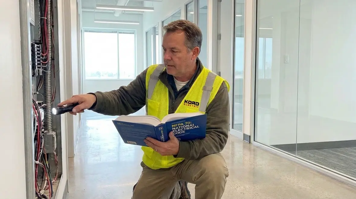 Technician inspecting audio equipment cords for NEC 640.42 compliance
