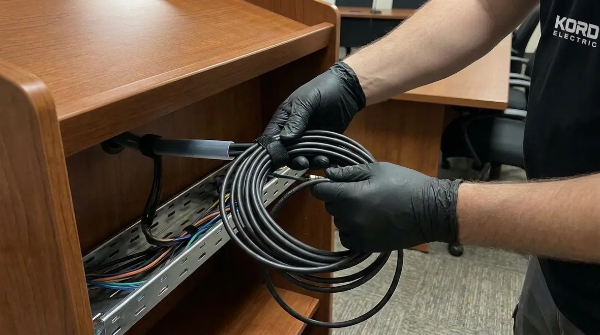 Commercial audio system with flexible cords routed safely