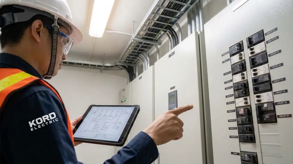 Technician planning commercial NEC-compliant audio equipment layout