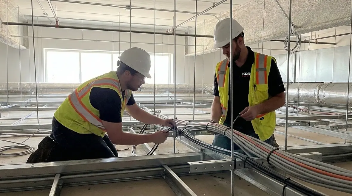 Technician installing commercial audio wiring to NEC Section 640.6 workmanship standards