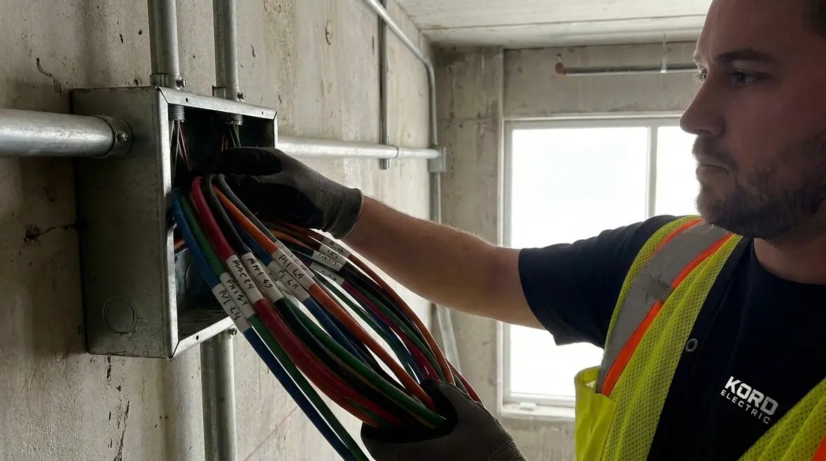 Technician reviewing NEC Section 640.8 audio power conductor grouping plans
