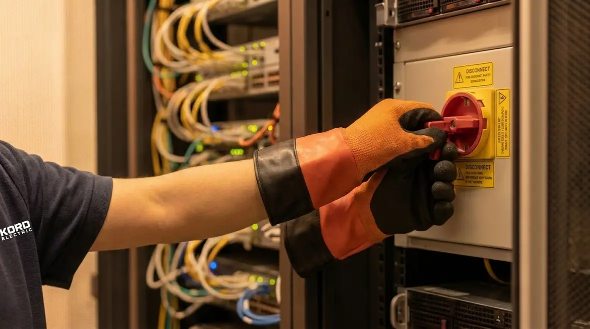 Electrician reviewing NEC Section 645.10 IT equipment disconnecting means in a commercial IT room