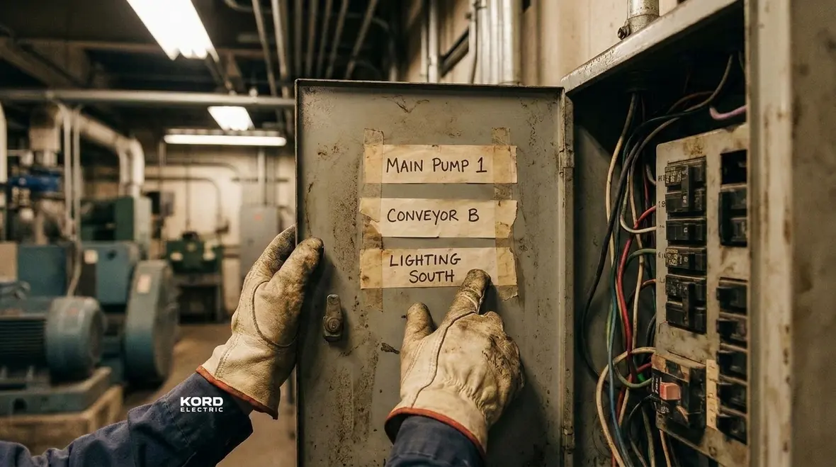 Electrician verifying NEC Section 645.16 IT equipment marking in a commercial facility