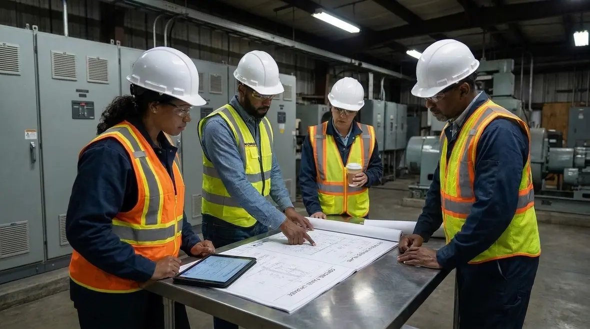 Engineers reviewing NEC-compliant electrical and IT upgrade plans