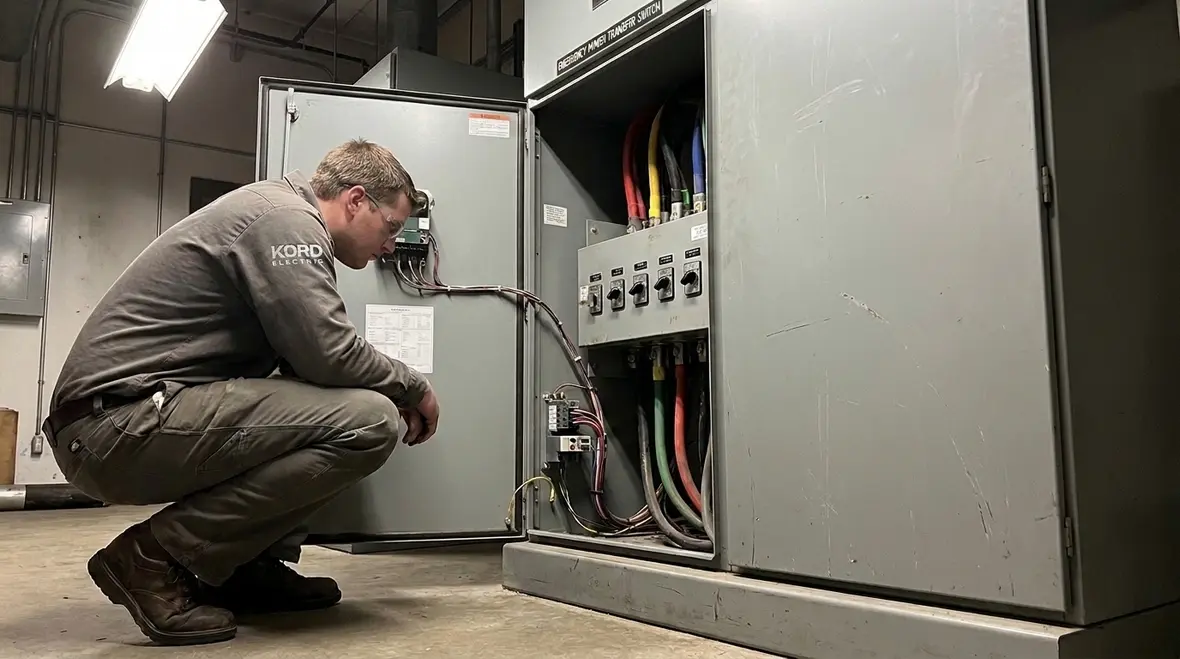 Technician reviewing emergency lighting circuits in an IT space