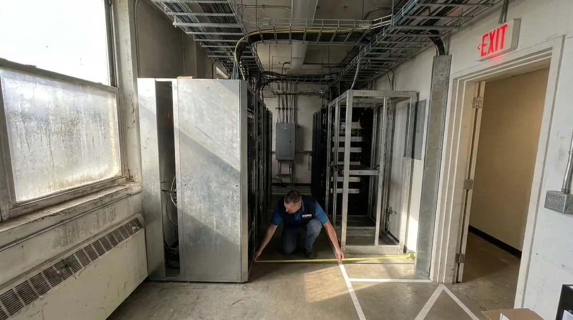 Technician reviewing IT room egress clearances and pathways