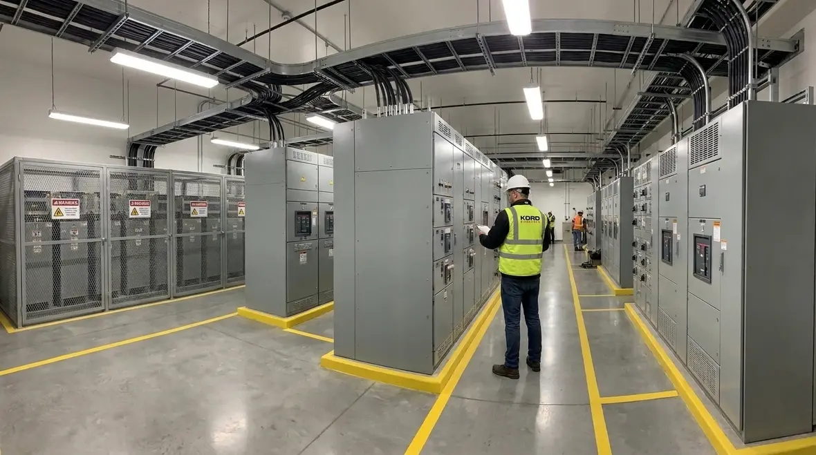 Technician inspecting IT battery working space during an electrical audit