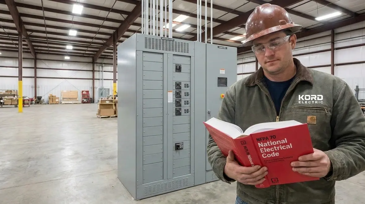 Technician reviewing NFPA 70 Section 646.6 IT nameplate data on equipment