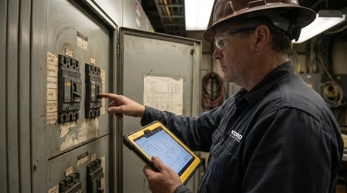 Technician reviewing NFPA 70 Section 646.8 IT short-circuit rating diagrams