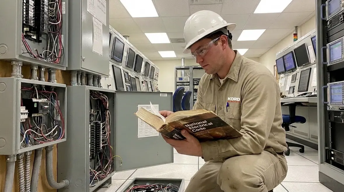 Technician reviewing NEC cord compliance under NFPA 70 Section 646.10
