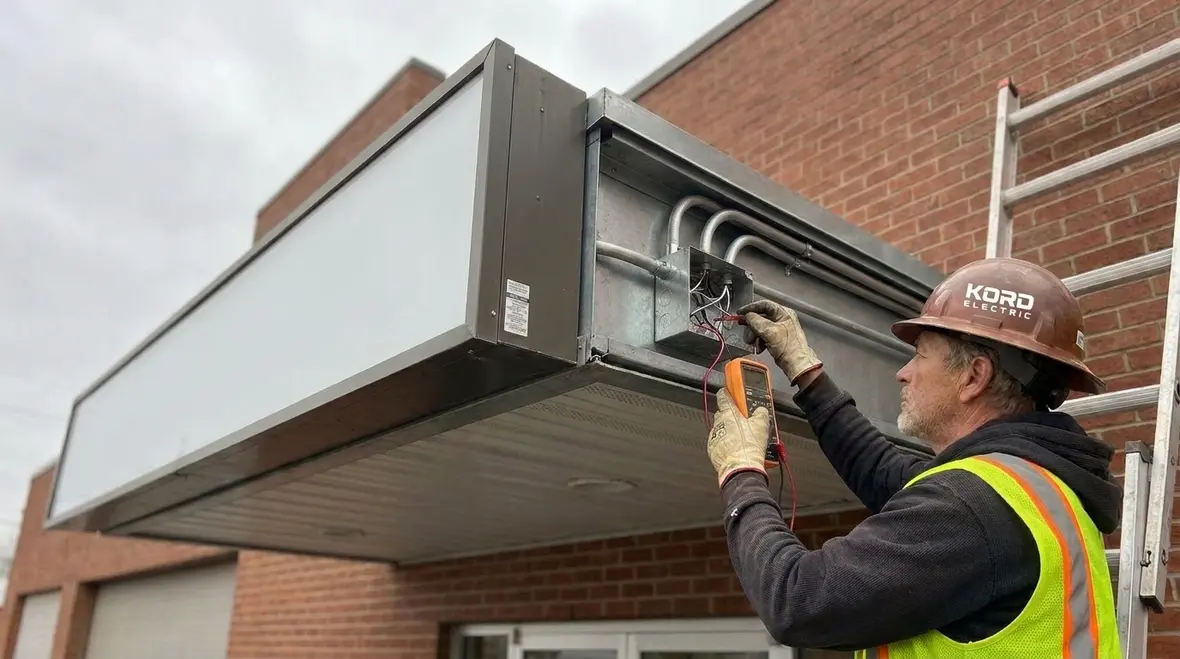Commercial building exterior electric signs wired to NEC standards