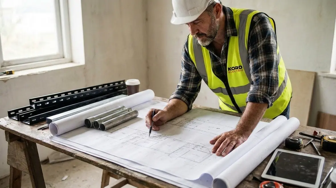 Electrician terminating and labeling sign wiring conductors