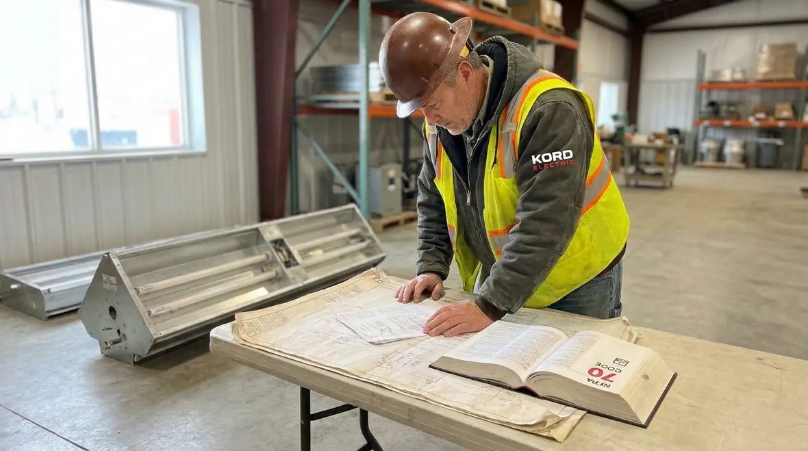 Technician checking discharge lighting ballast installation for NFPA 70 compliance