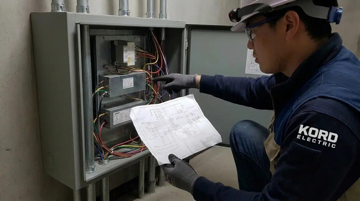 Engineer reviewing discharge lighting plans against NEC Section 660.35