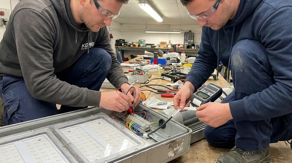 Maintenance team reviewing lighting circuits in a commercial facility