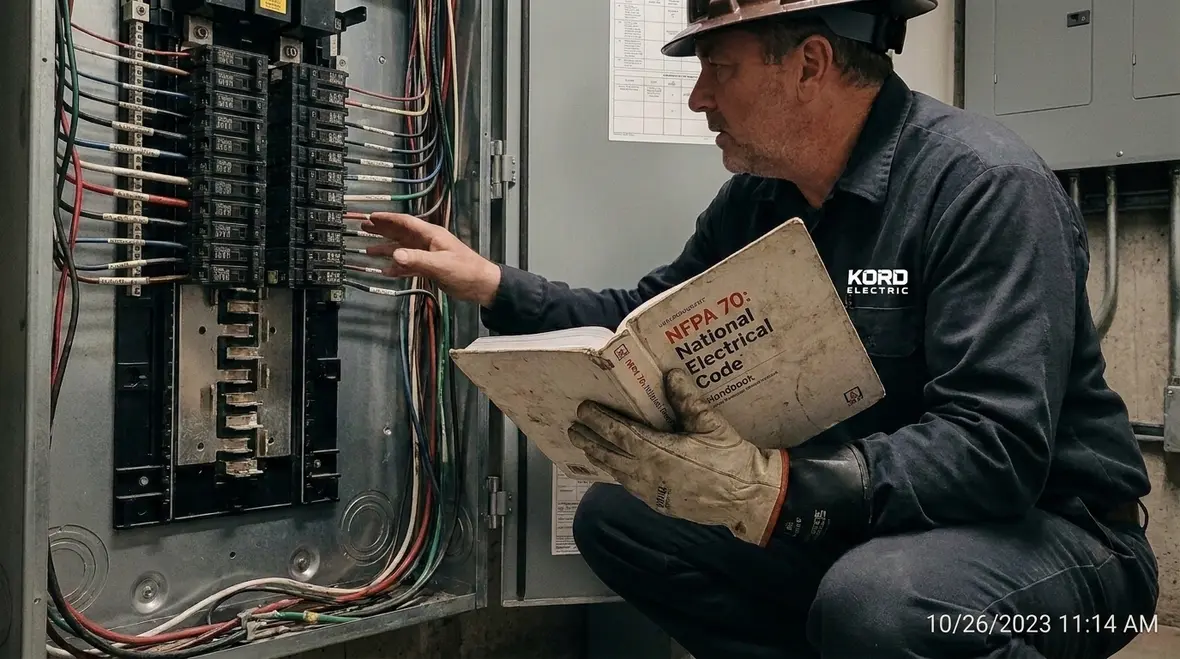 Technicians reviewing NFPA 70 electrical safety requirements for a major property building