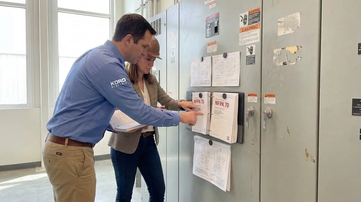 Technician reviewing NFPA 70 documentation for a large commercial building