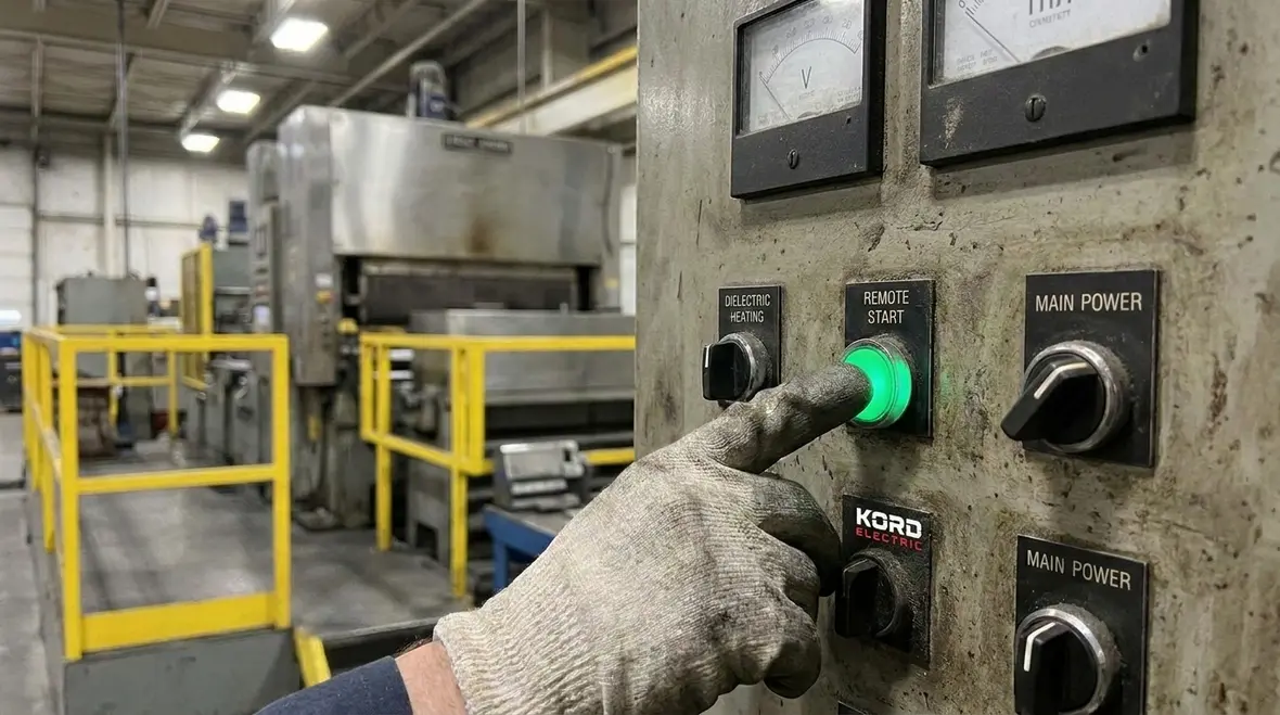 Dielectric heating equipment controlled from a remote station in a commercial facility