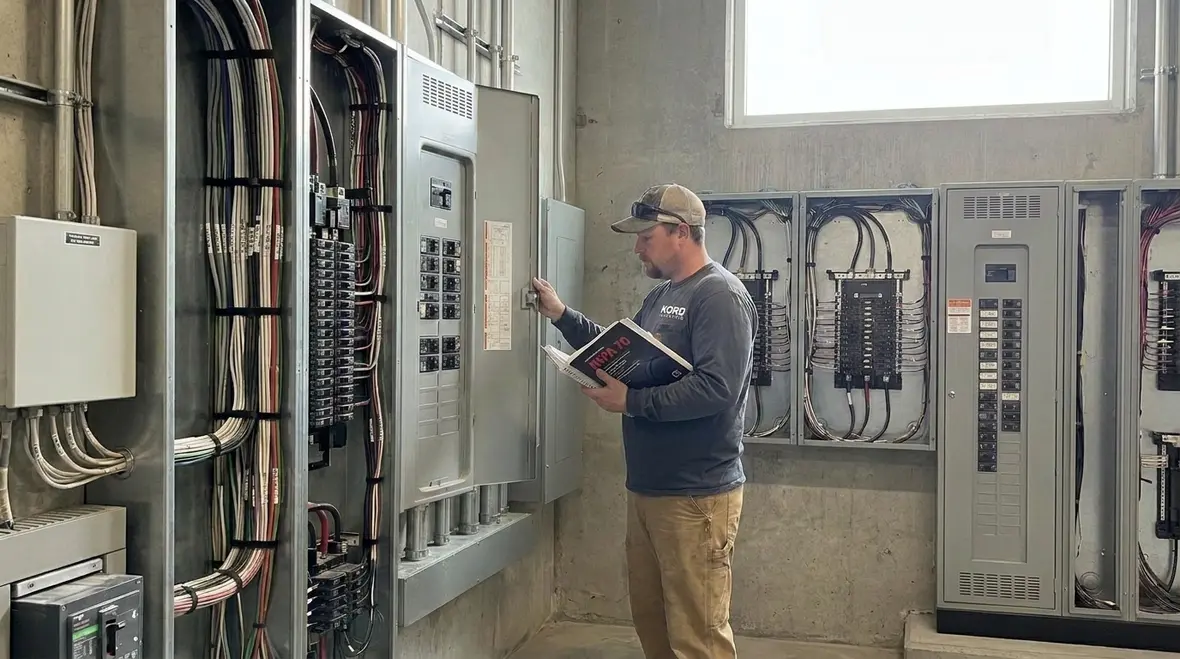 Technician reviewing NFPA 70 Section 665.7 dielectric heating remote control requirements