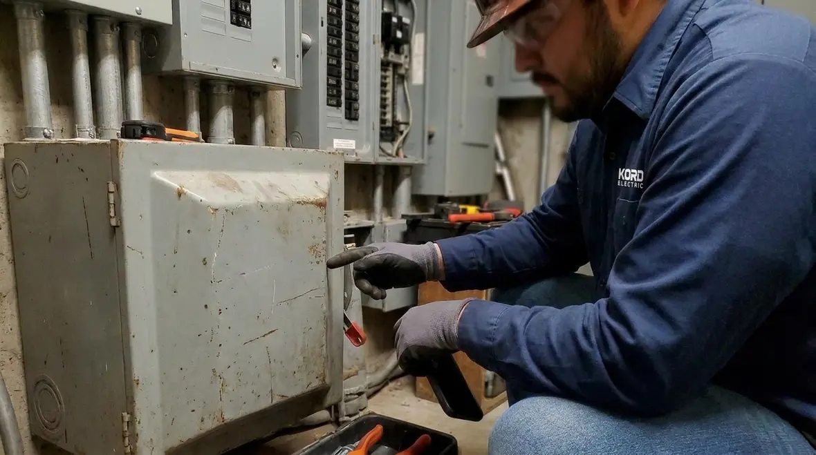 Technician reviewing NFPA 70 Section 665.12 dielectric heating disconnect on a commercial control panel