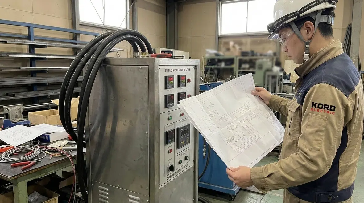 Dielectric heating equipment disconnect integrated into industrial electrical system