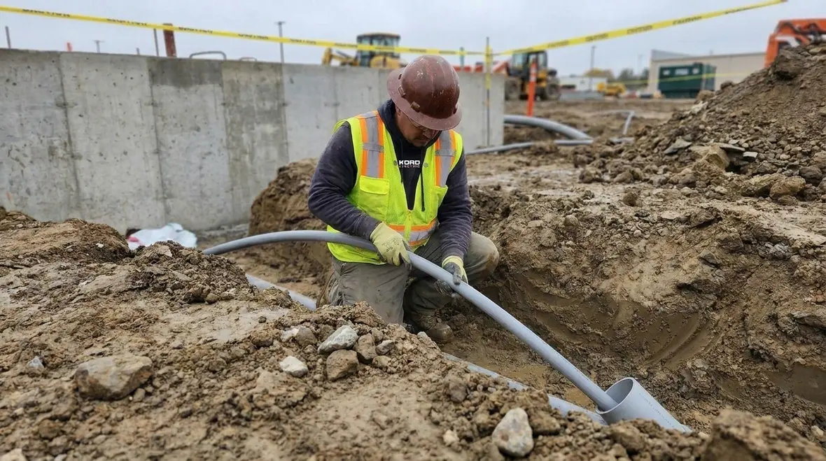 Commercial electrician reviewing NFPA 70 Section 324.10 UF cable routing plan