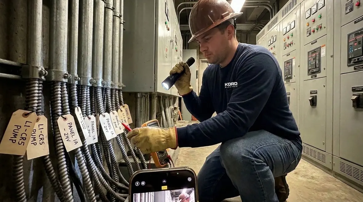 Marked MC cable bundles installed in a commercial electrical room