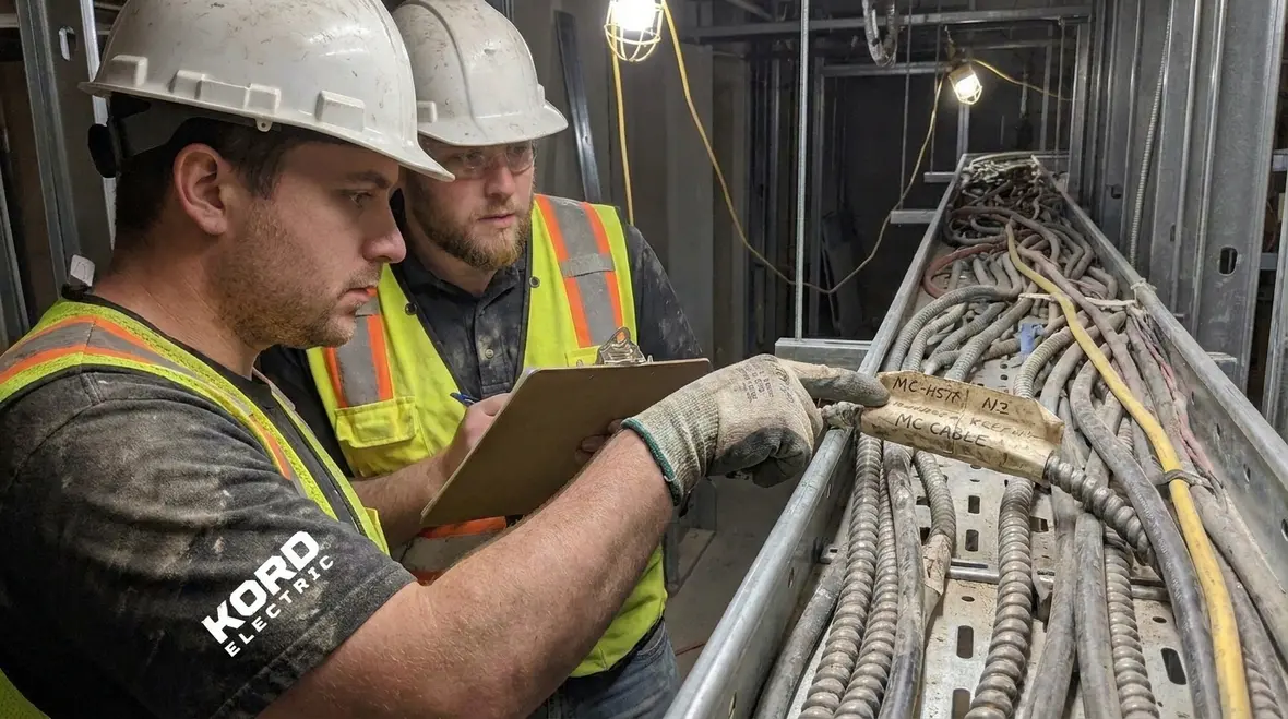 Electrician reviewing NEC MC cable marking on metal clad cable