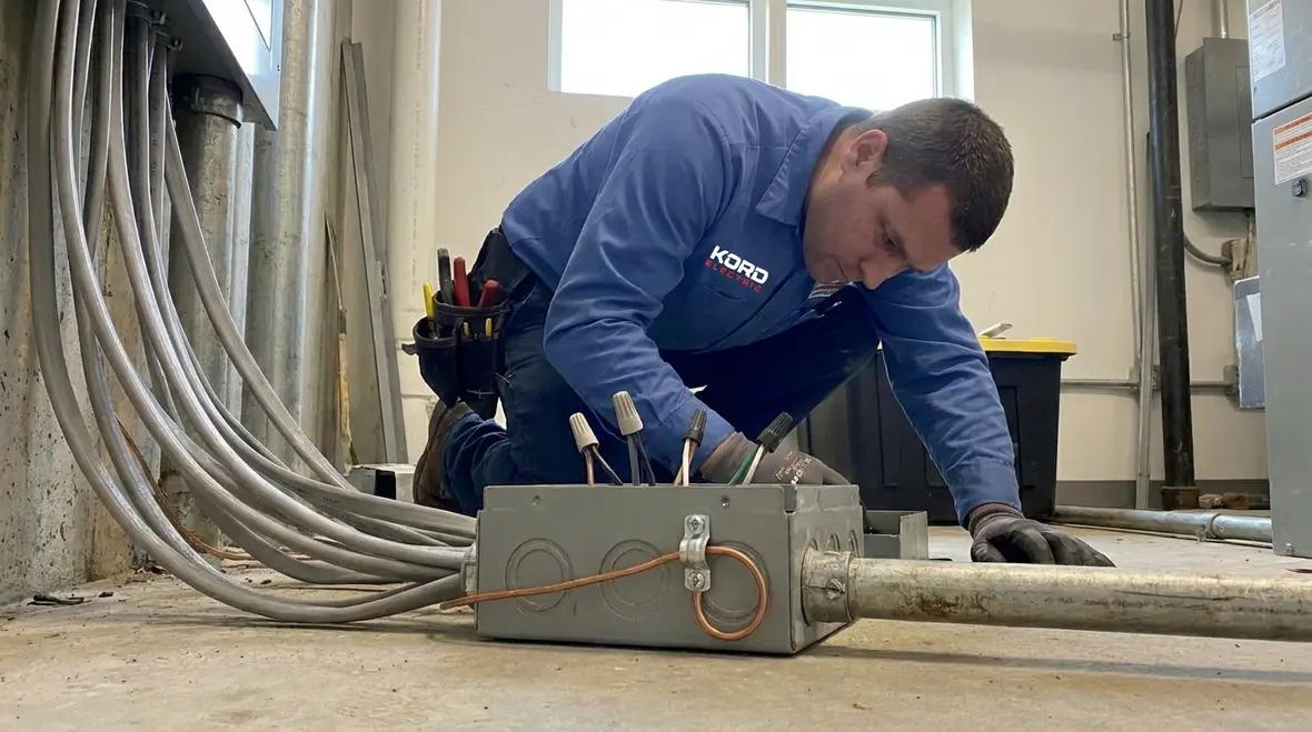 Technician inspecting NEC UF cable grounding bonding in an outdoor junction box