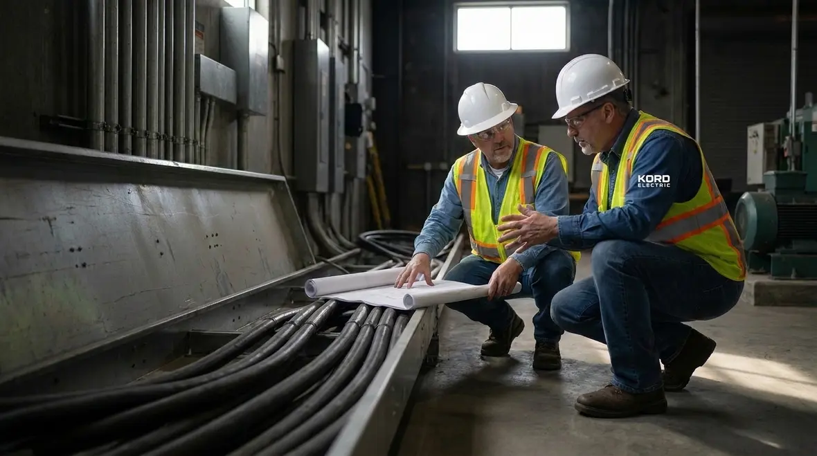 Technician aligning NEC USE cable conductor installation with NFPA 70