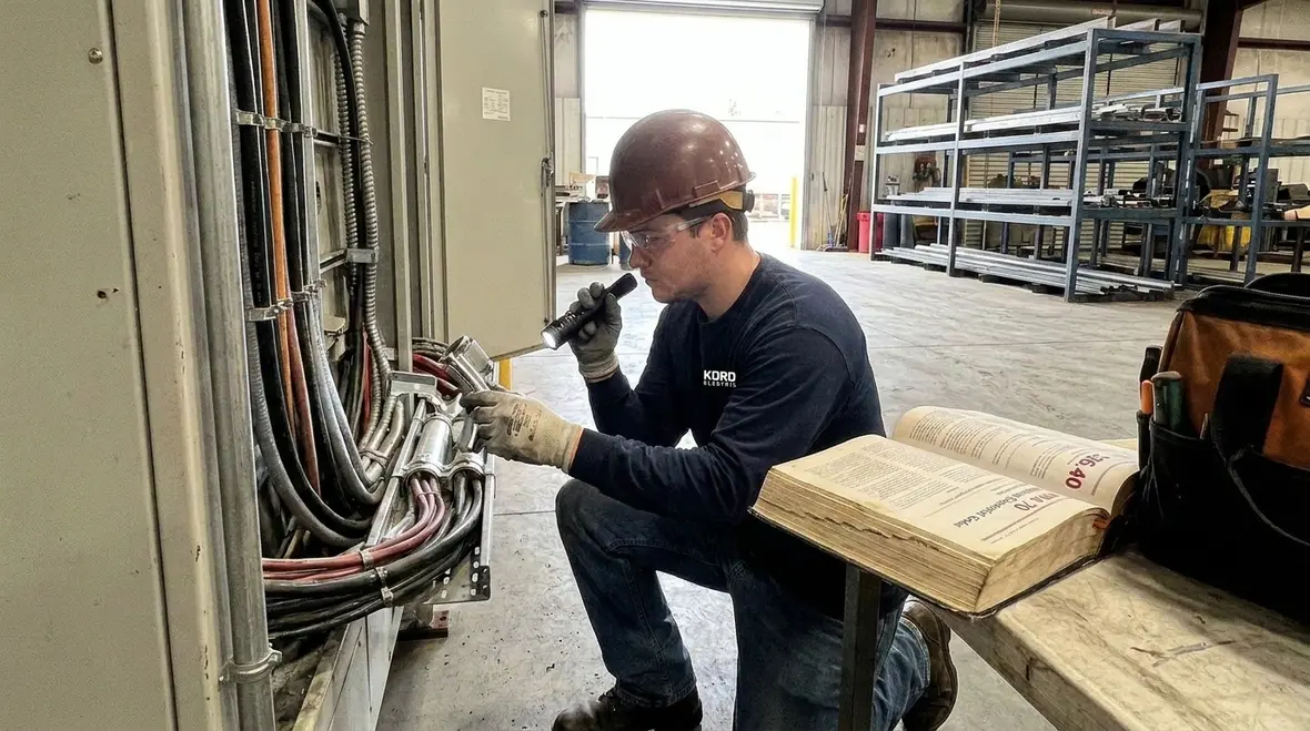 Technician inspecting NEC USE cable guide fit and routing