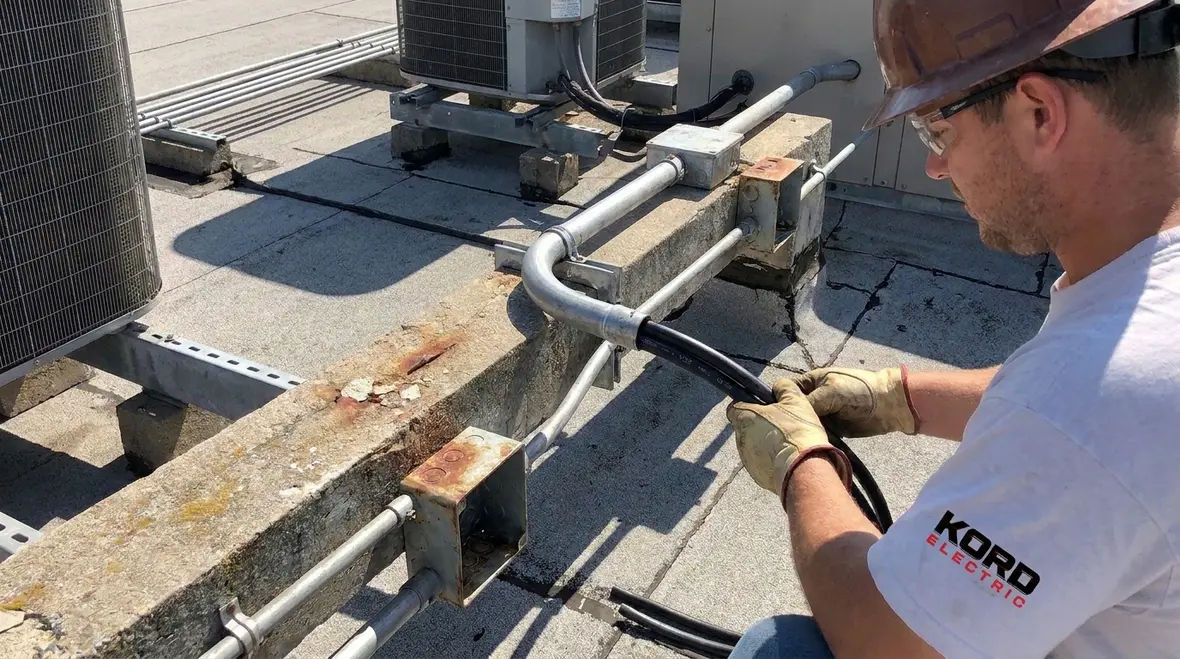 Technician inspecting NEC USE cable bend quality in an electrical room