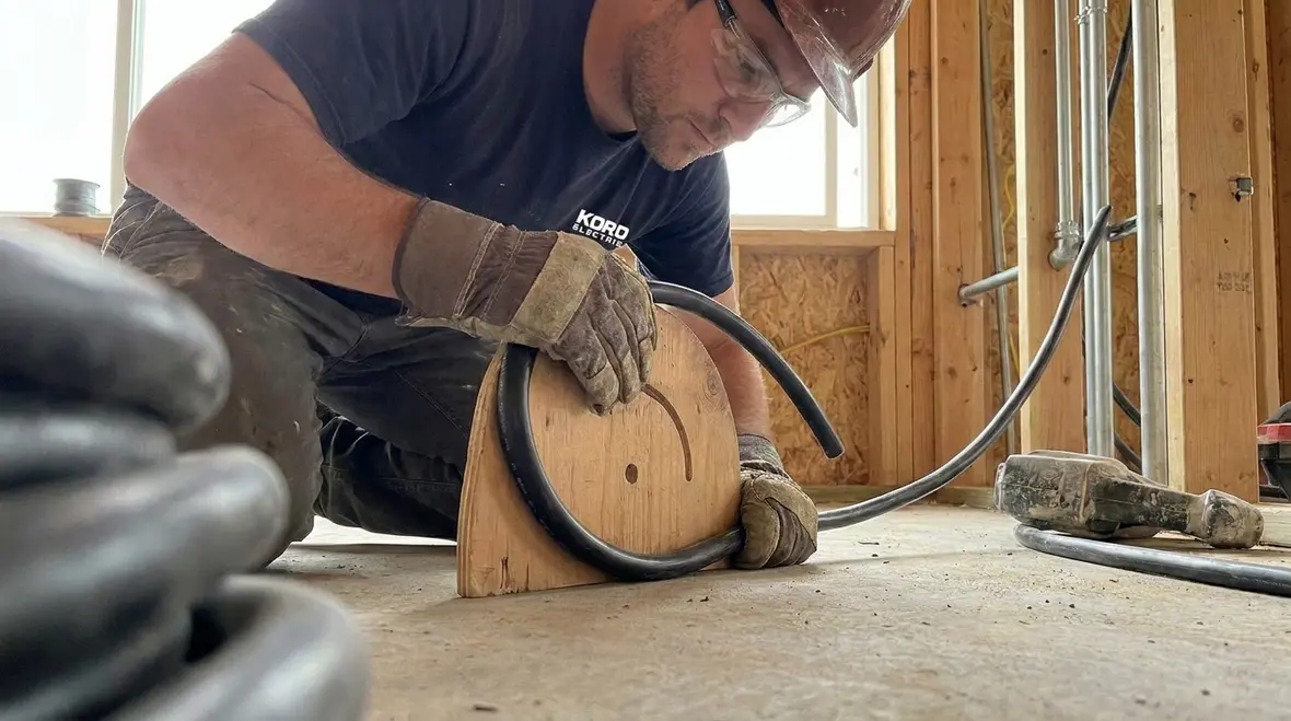 Electrician inspecting NEC USE cable bending radius at a commercial facility