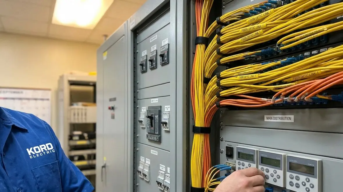 Technician verifying NEC circuit interrupting devices with optical fiber connections