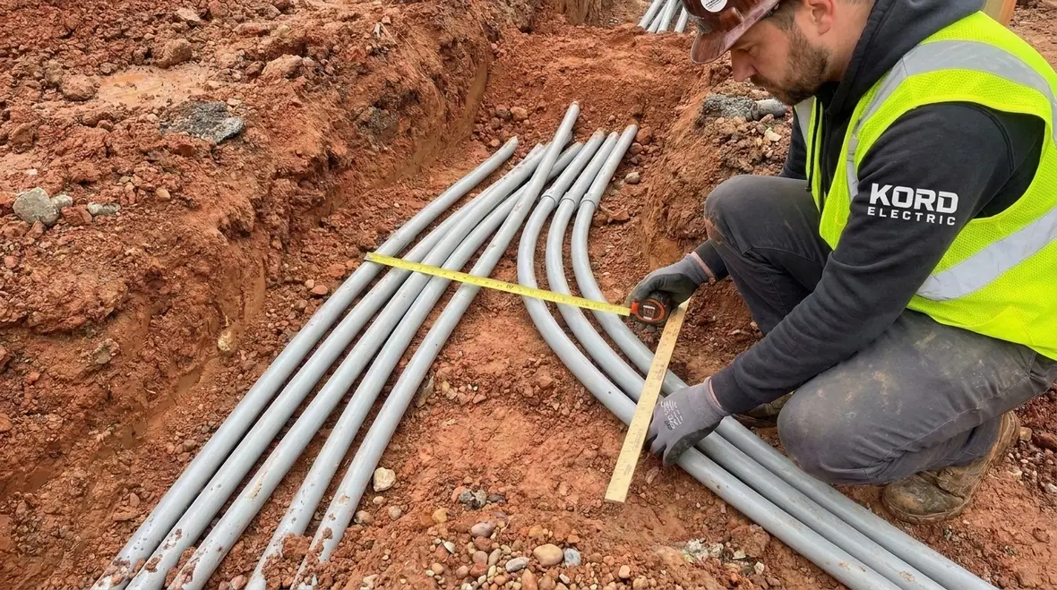 Underground electrical raceway installation in earth with conduits and conductors