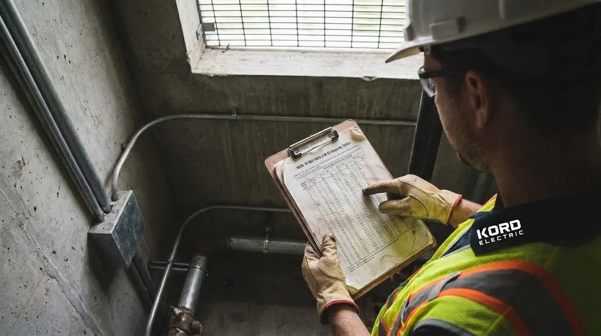 Electrician reviewing NEC insulated conductor ampacity tables for raceway design